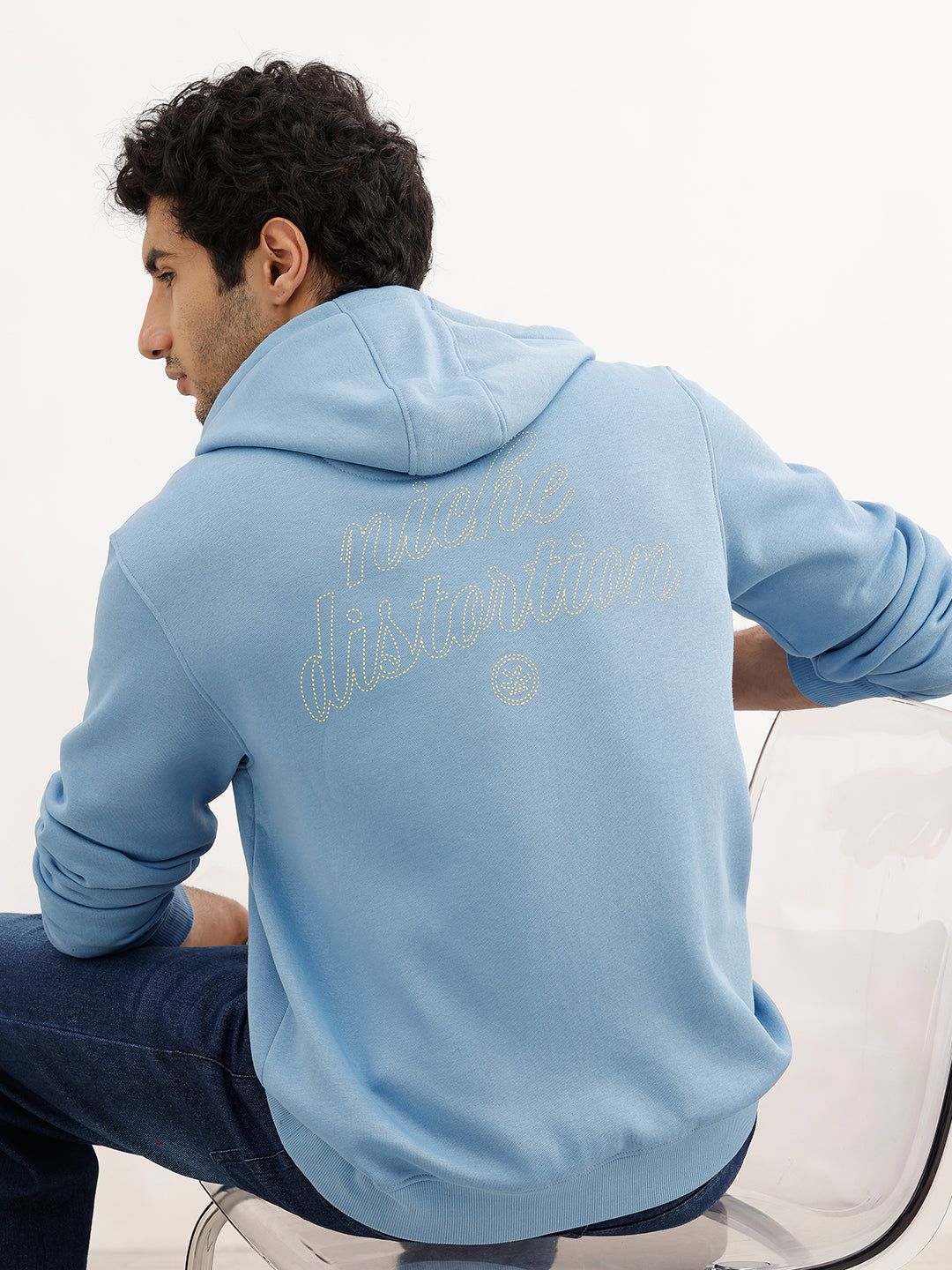Comfort Fit Placement Printed Hooded Sweatshirt | Blue