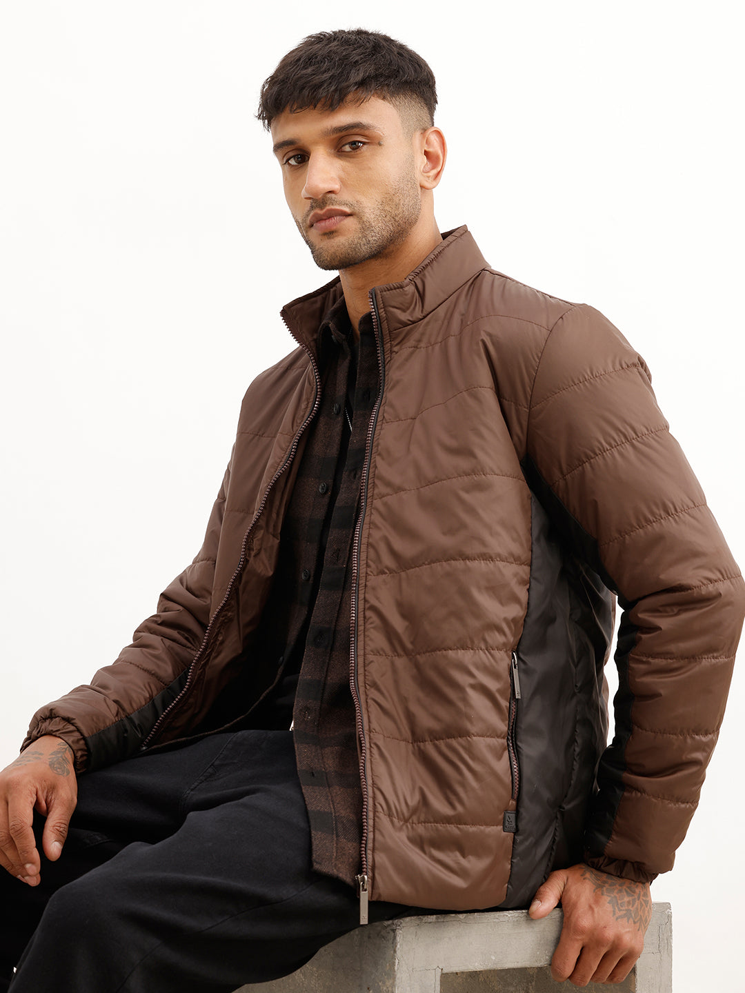 Solid Regular Fit Puffer Jacket | Brown