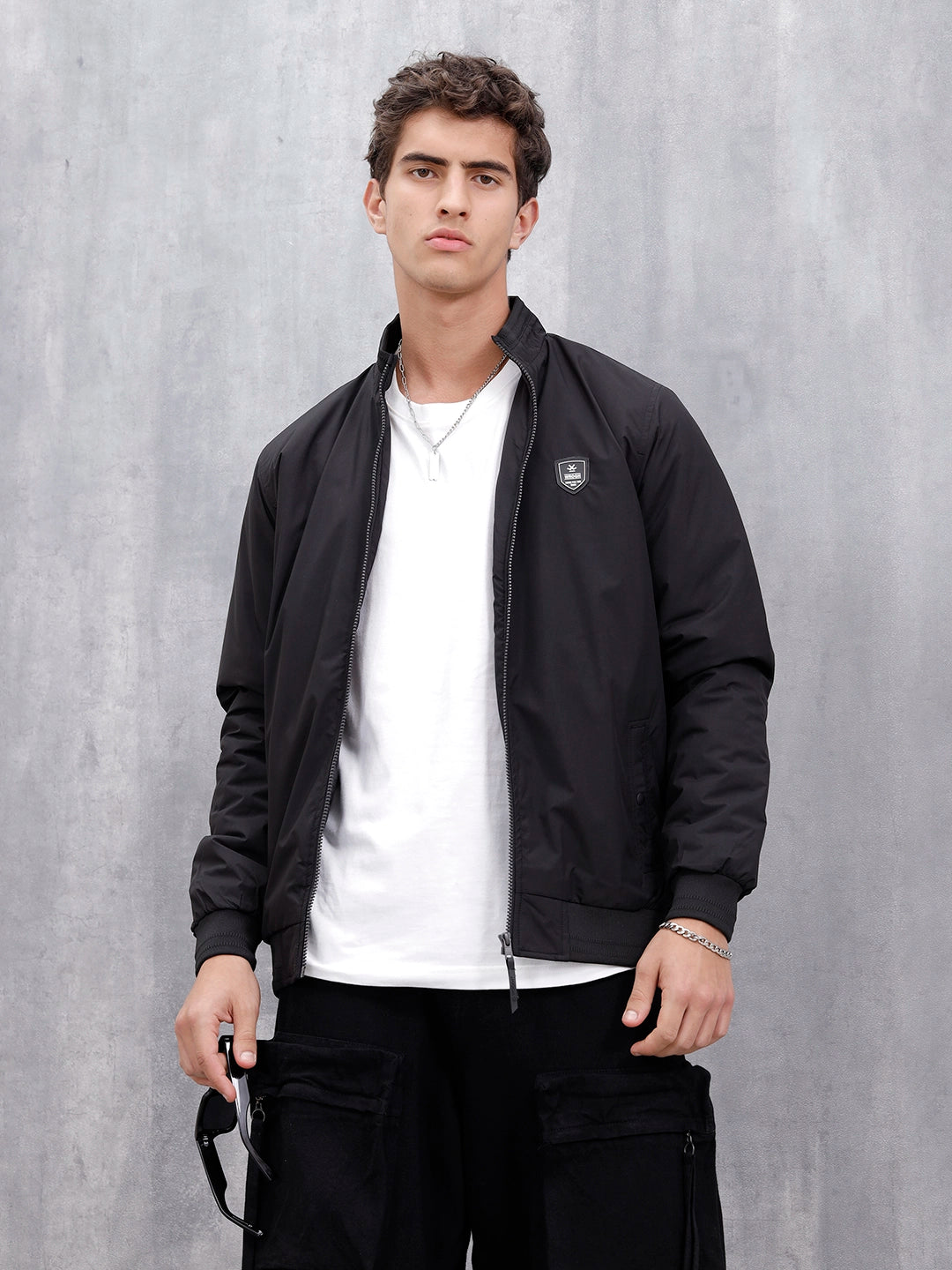 Men's Solid Casual Bomber Jacket | Black