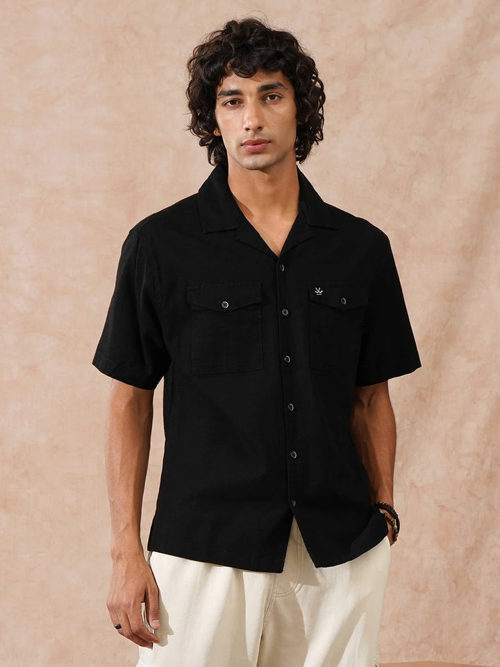 Double Pocket Resort Collar Shirt | Black