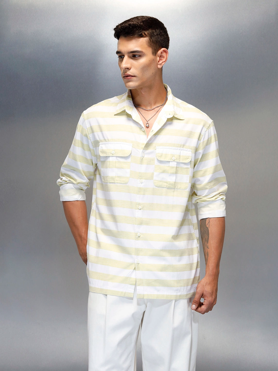 Men's Casual Regular Fit Striped Pattern Shirt | Green
