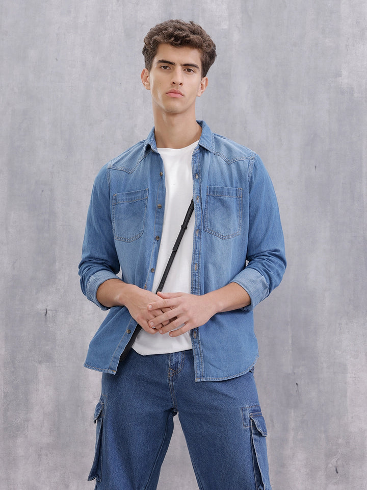 Indigo Washed Casual Regualr Fit Denim Shirt | Blue