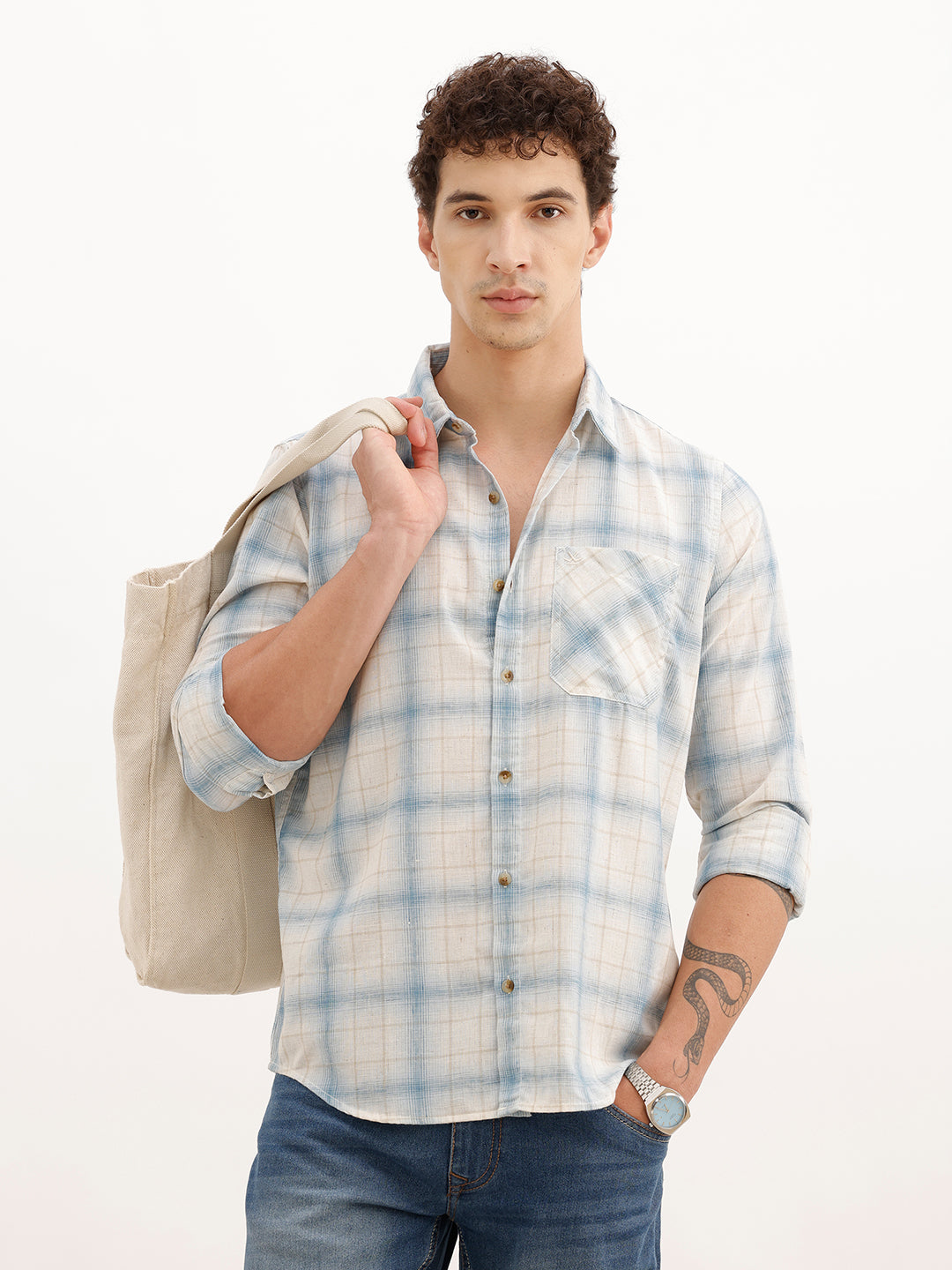 Regular Fit Full Sleeve Checkered Shirt | Light Blue