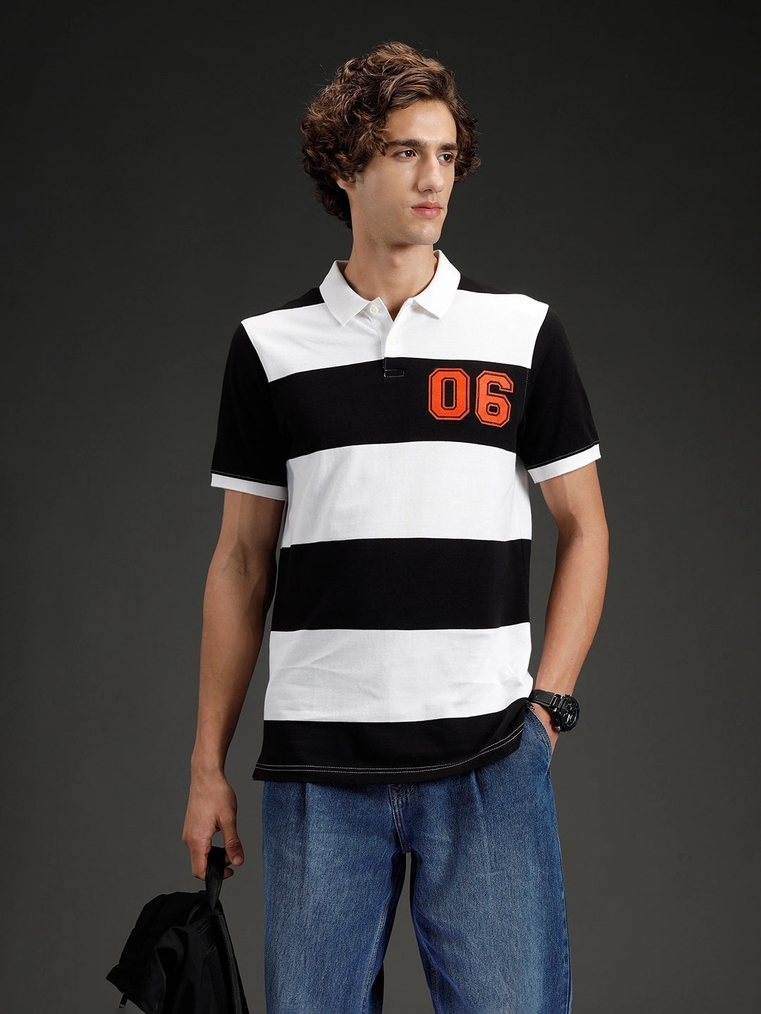 Wrogn Striped Colorblocked Varsity Polo | Black