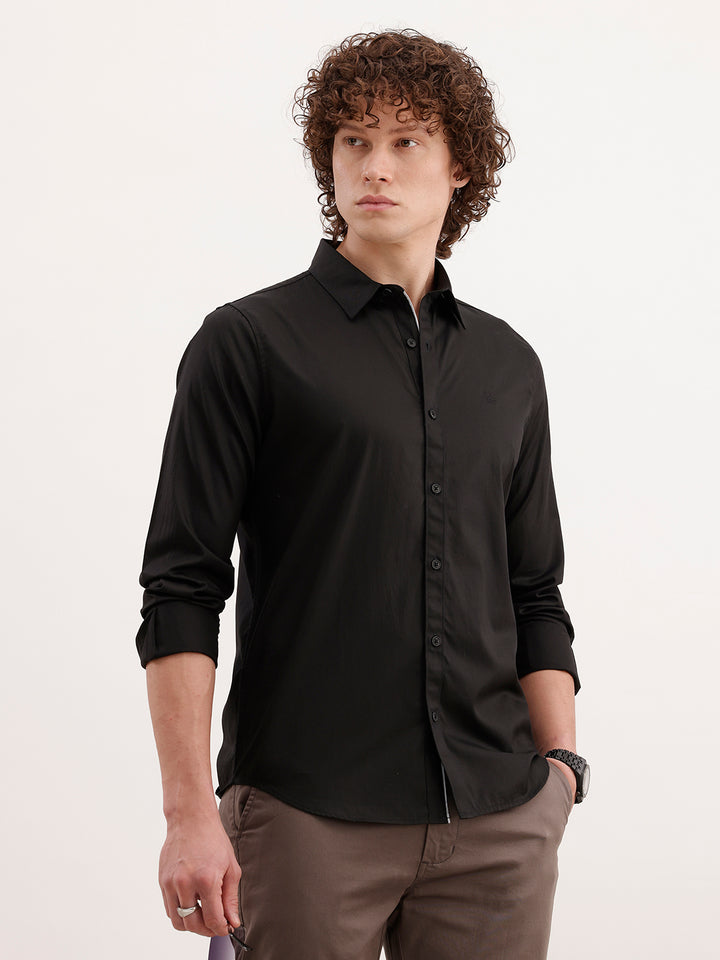 Solid Slim Fit Full Sleeved Shirt  | Black