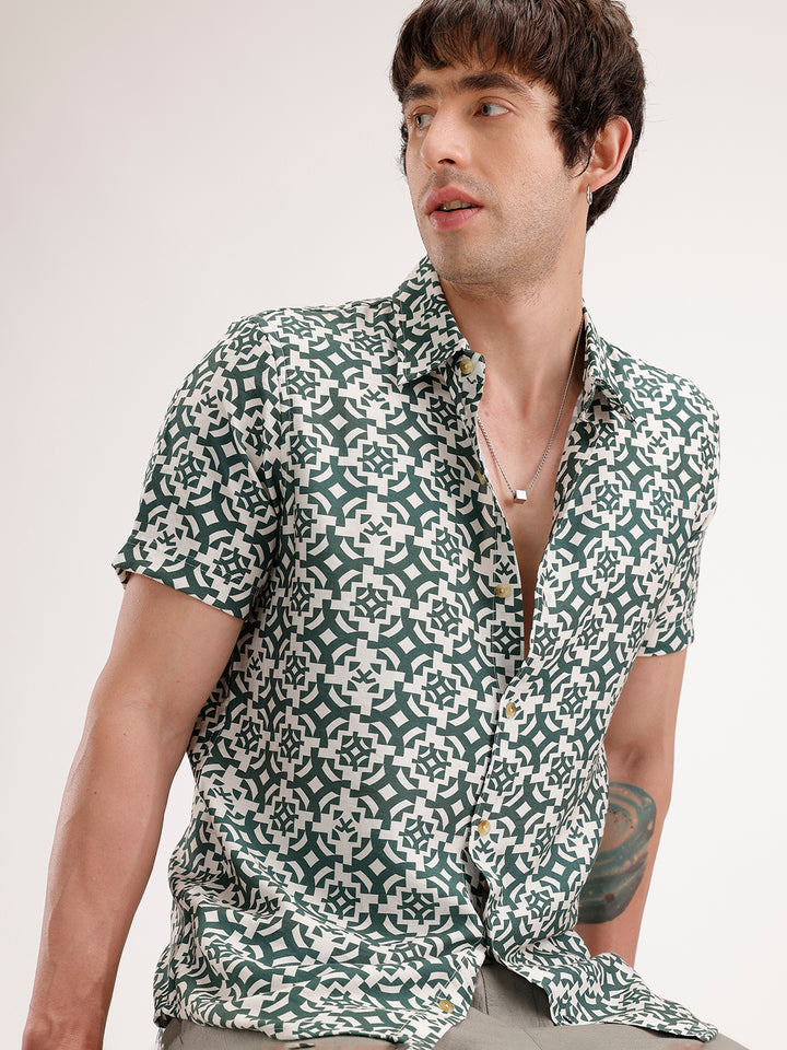 Slim Fit AOP Half Sleeve Shirt | Dark Green