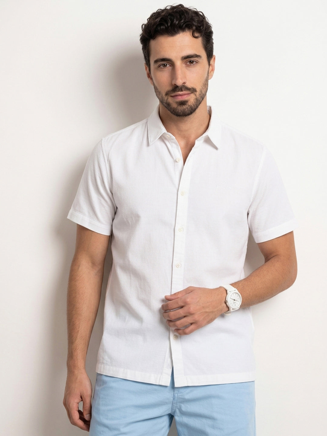 Solid Slim Fit Half Sleeve Shirt | White