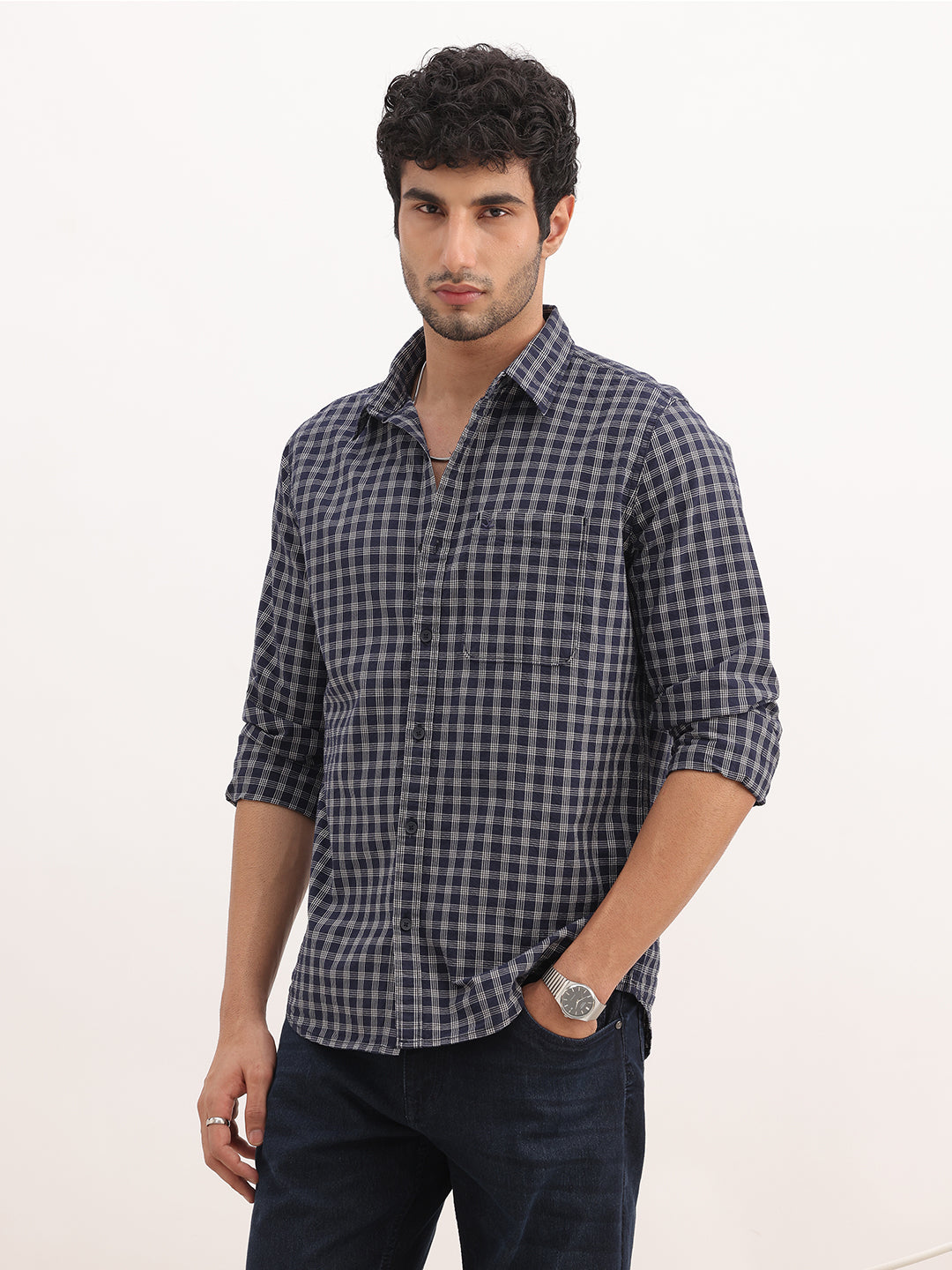 Slim Fit Checkered Full Sleeve Shirt | Navy Blue