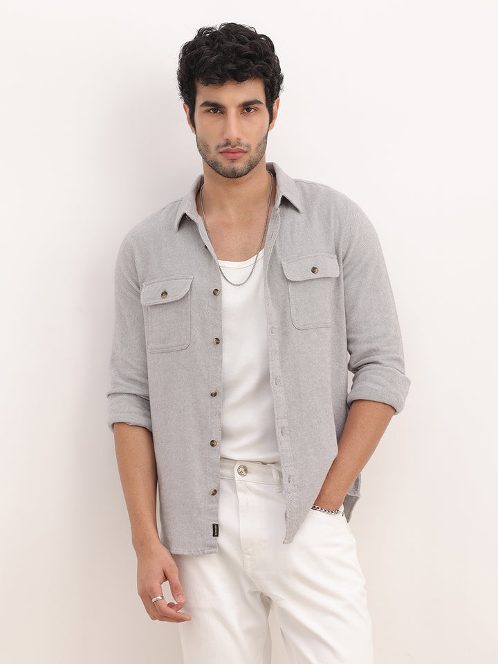 Slim Fit Double Pocket Full Sleeve Shirt | Grey