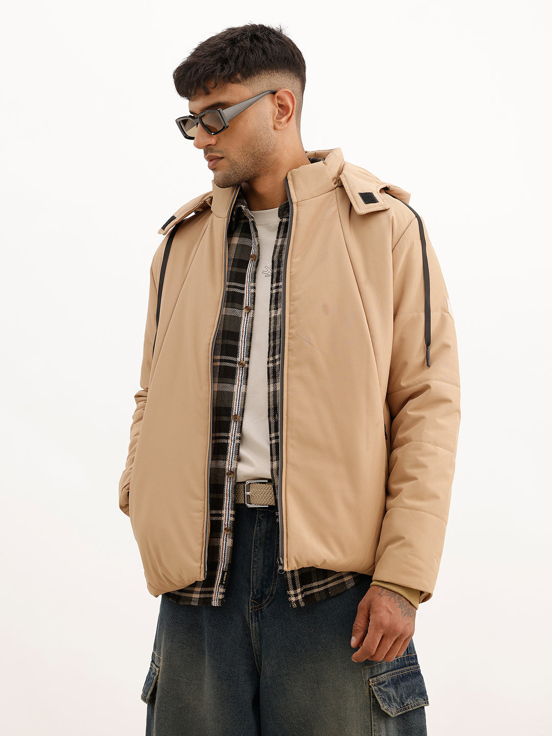 Solid Regular Fit Hooded Puffer Jacket | Beige