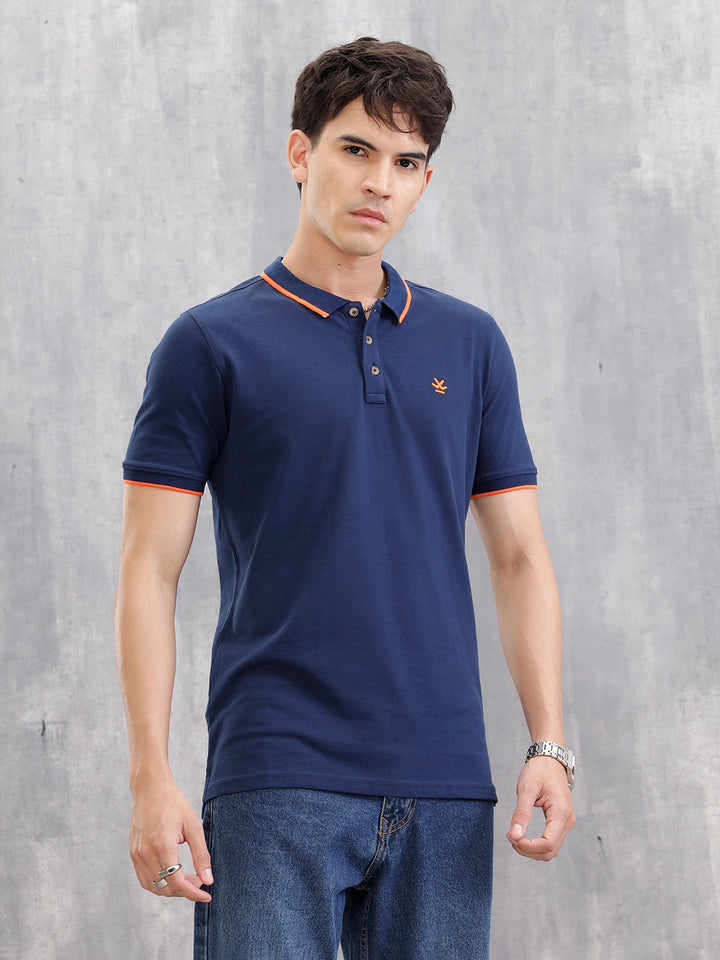 Contrast Collar Tipping Polo T-Shirt | Navy Blue