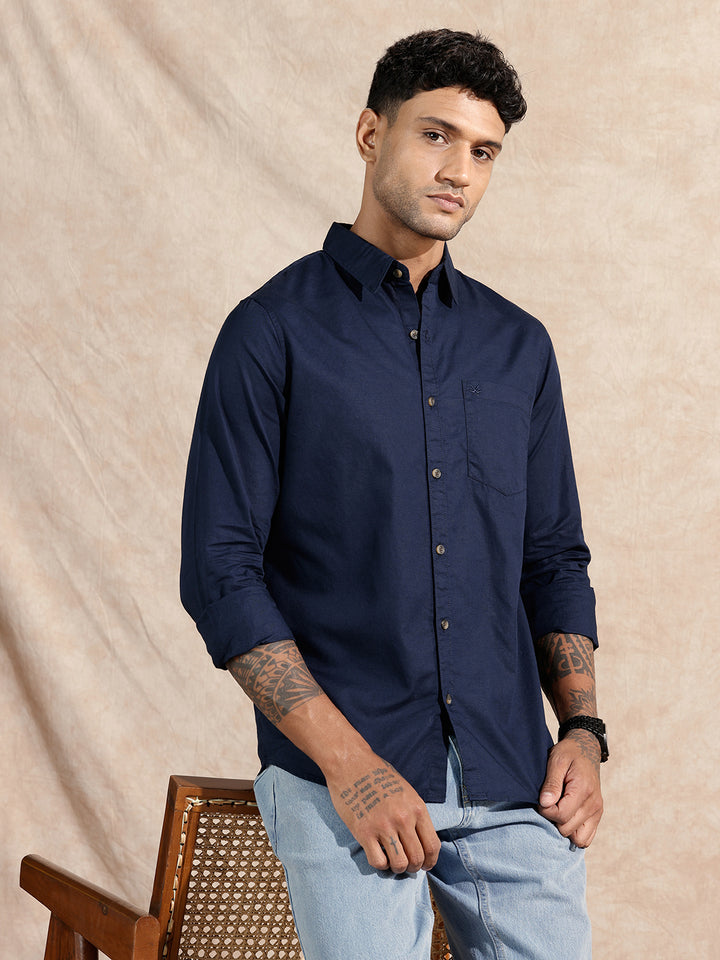 Solid Cotton Slub Shirt  | Navy Blue