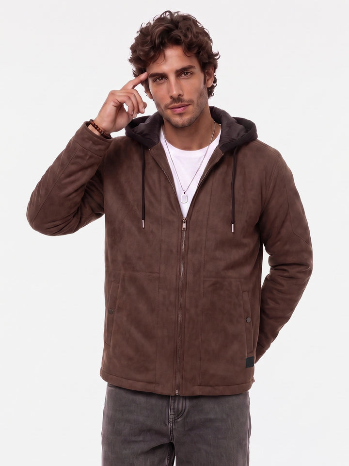 Solid Hooded Zipper Jacket | Brown