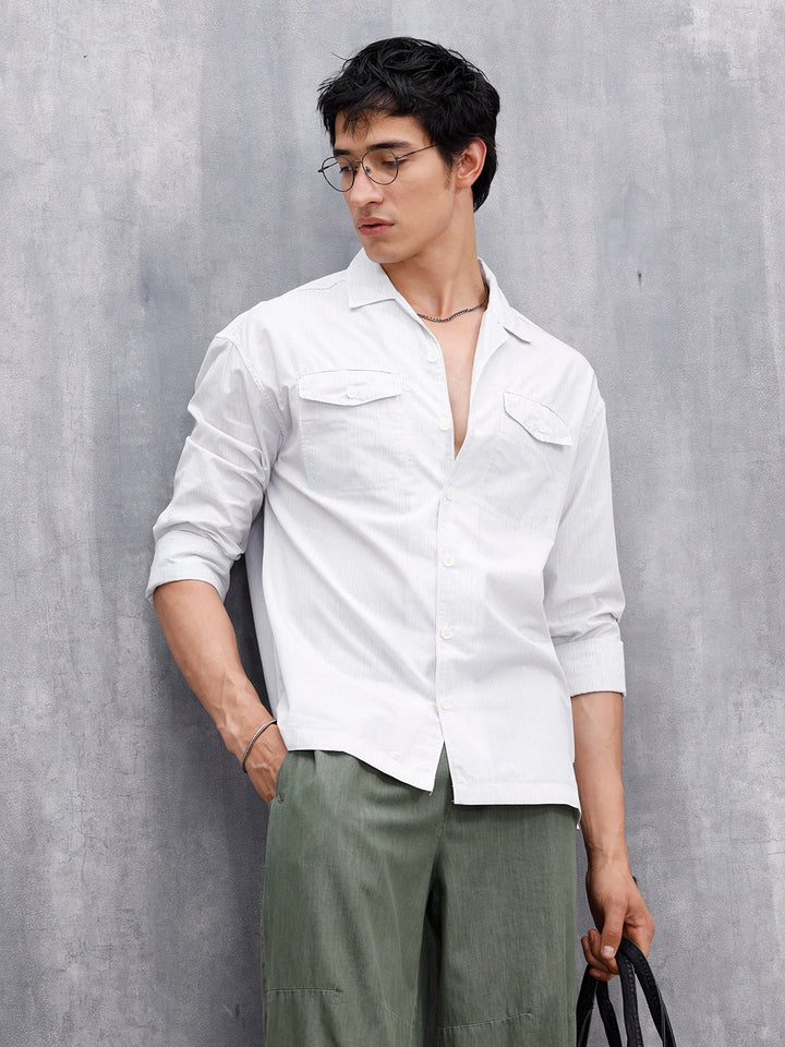 Casual Oversized Fit Striped Pattern Shirt | Off White