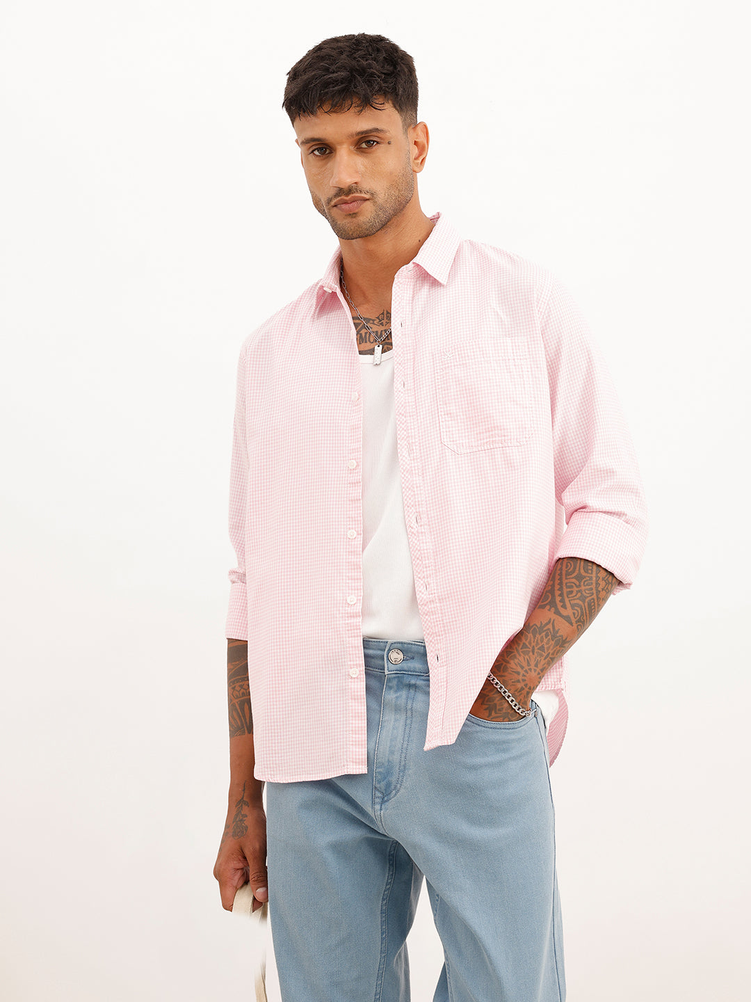 Slim Fit Gingham Checkered Shirt | Pink | WSH01FSSL7129W