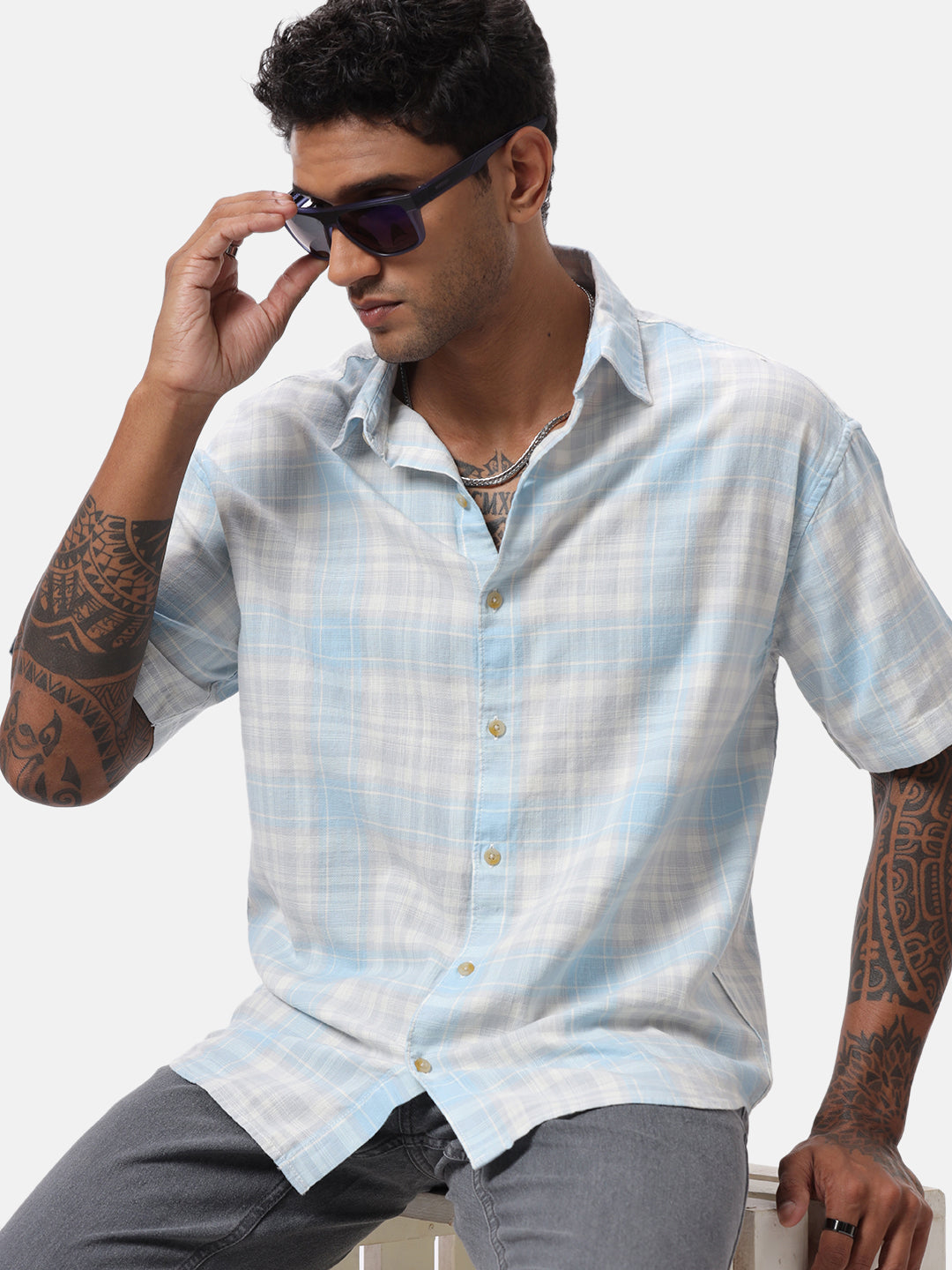 Subtle Blue Checkered Casual Shirt