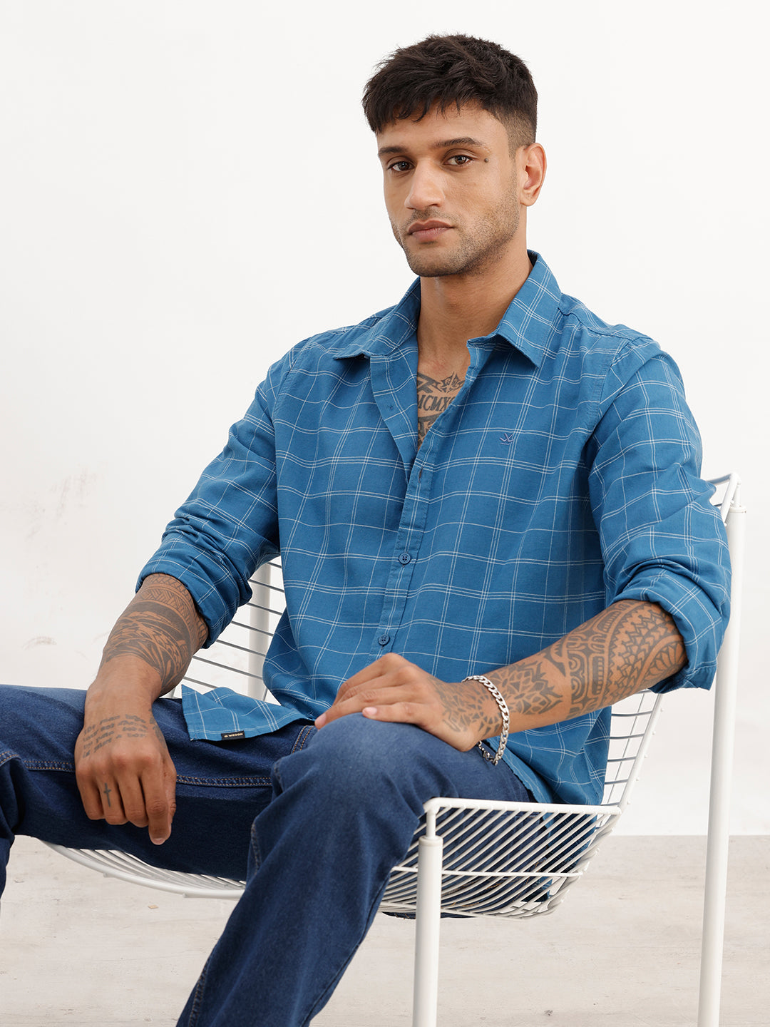 Slim Fit Checkered Full Sleeve Shirt | Blue