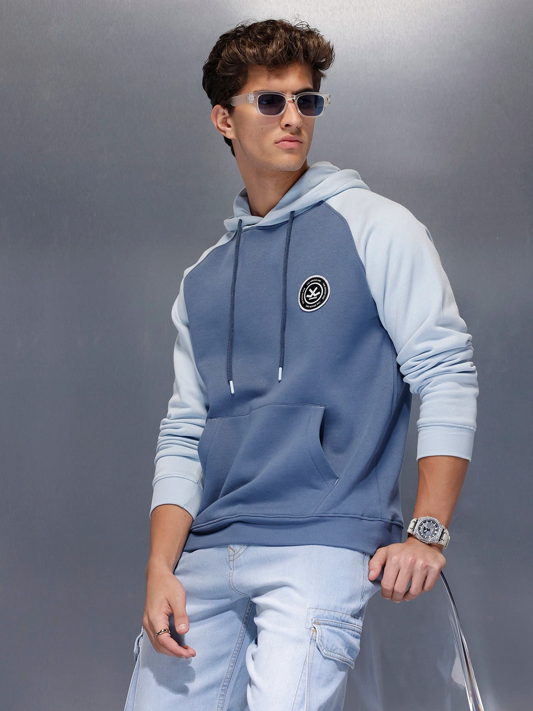 Minimal Dual-Tone Casual Hoodie | Blue