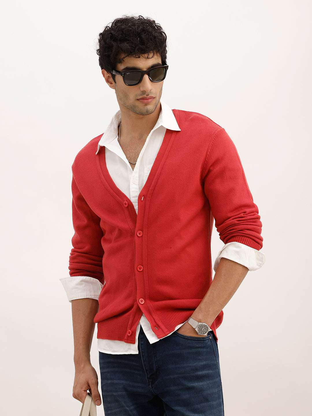 Solid Comfort Fit Cardigan Sweater | Red