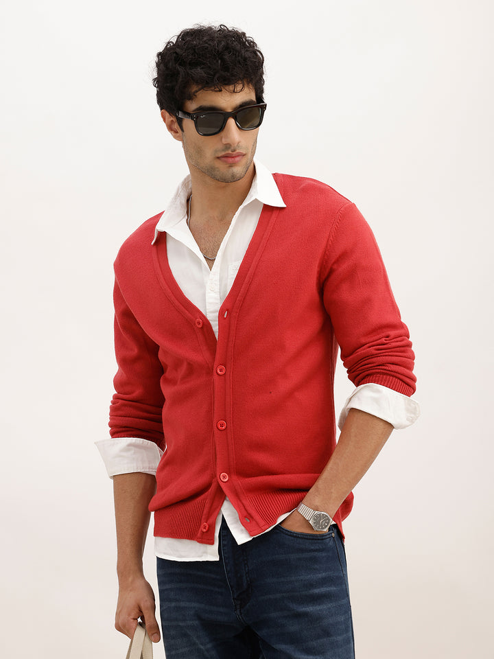 Solid Comfort Fit Cardigan Sweater | Red