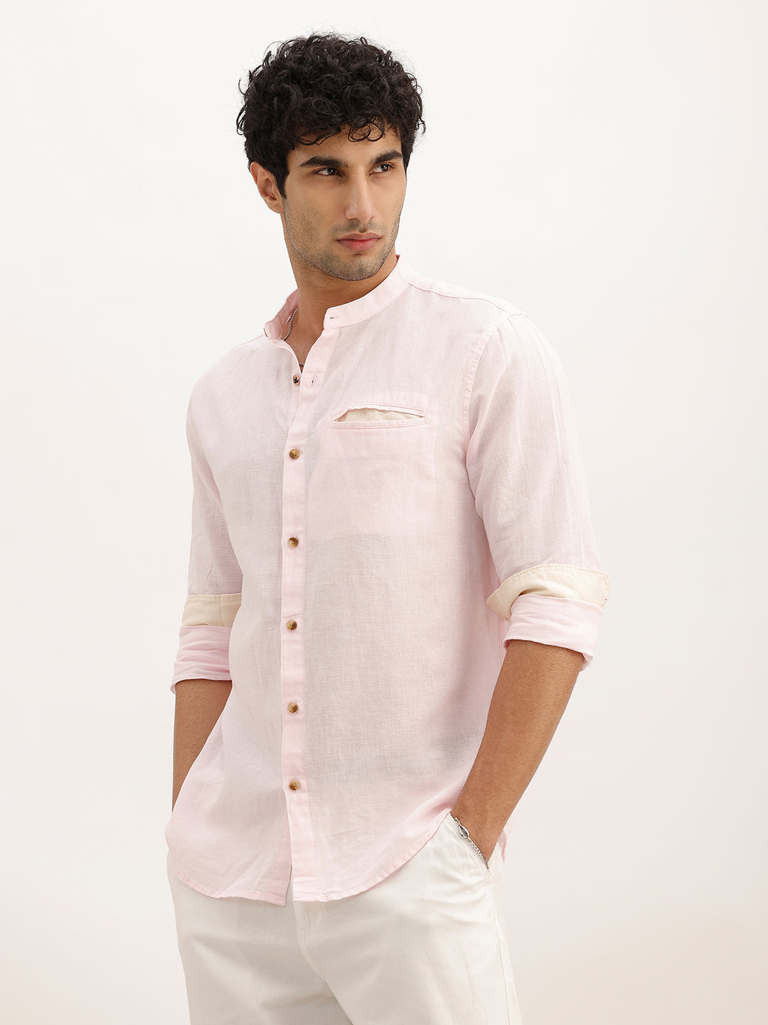 Solid Slim Fit Mandrin Collar Shirt | Pink