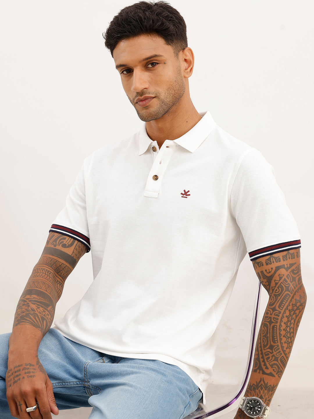 Regular Fit Contrast Sleeve Polo T-Shirt | Off White