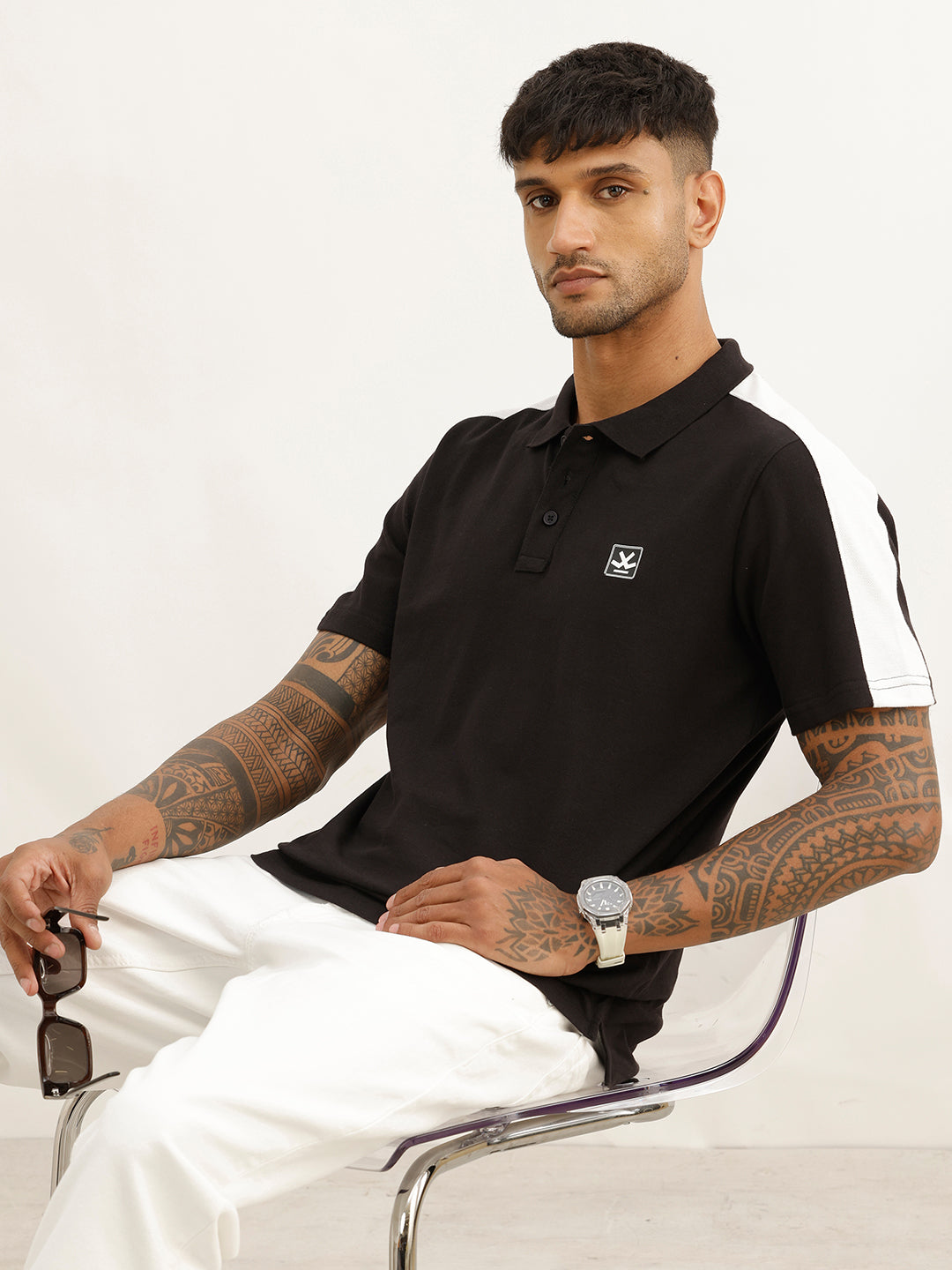 Slim Fit Contrast Sleeve Polo T-Shirt | Black