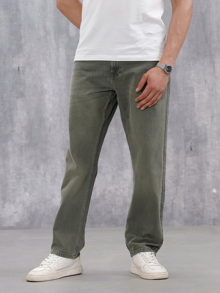 Men's Casual Anti Fit Washed Jeans | Olive