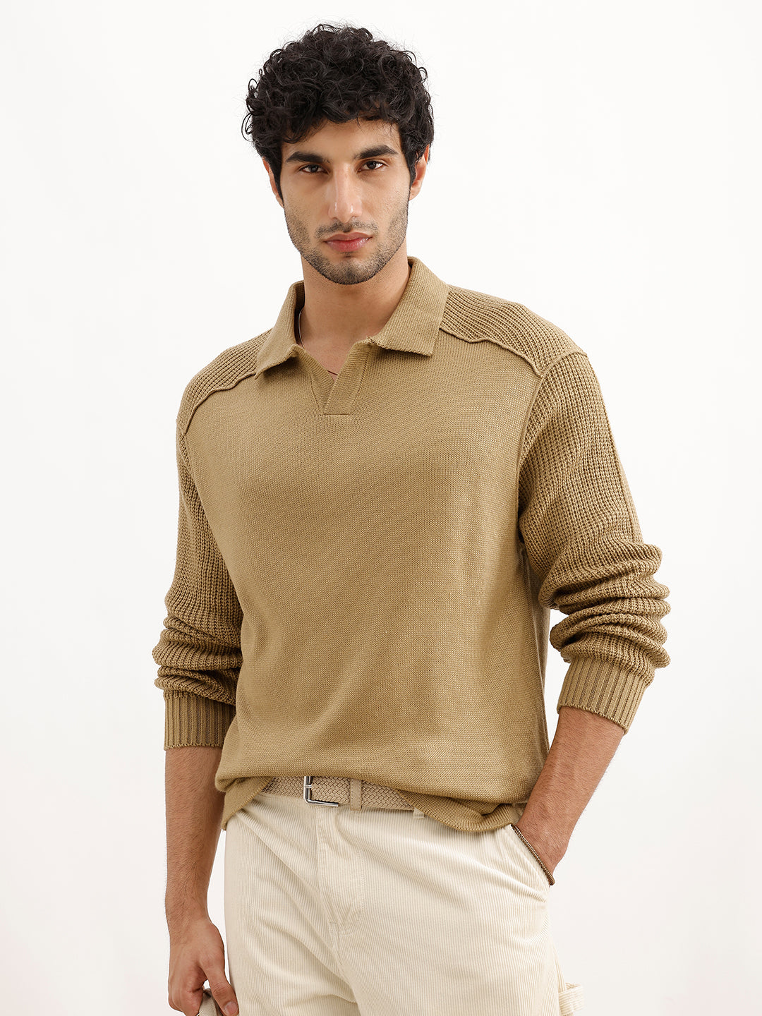 Oversized Contrast Collar Knitted Sweater | Beige