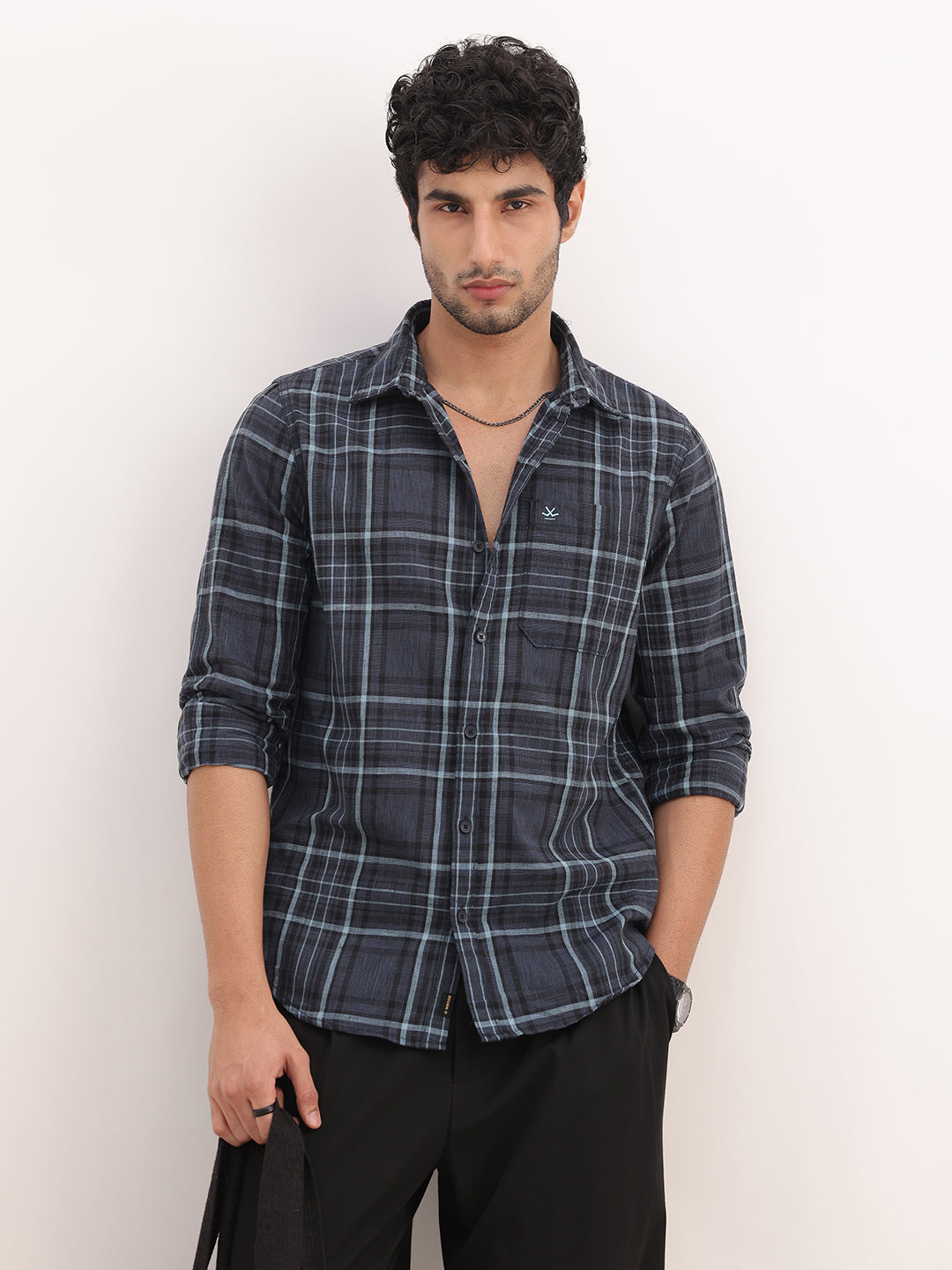 Slim Fit Checkered Full Sleeve Shirt | Blue