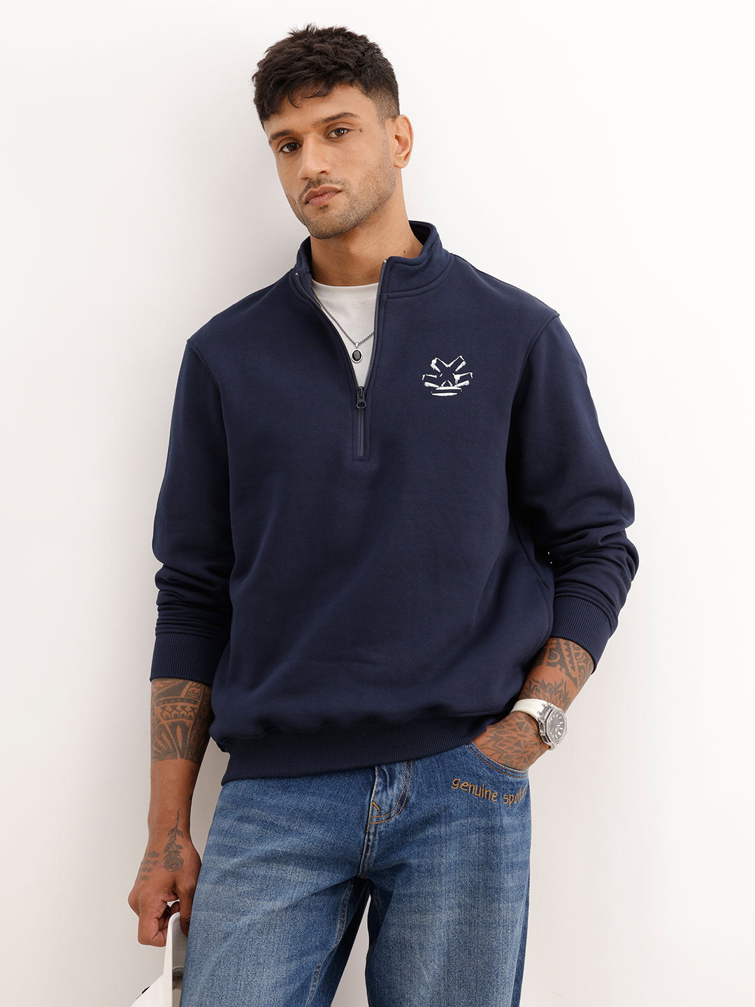 Comfort Fit Placement Printed Sweatshirt | Navy Blue