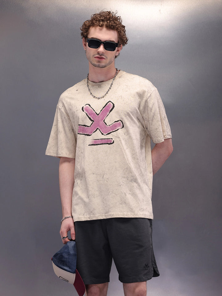 Oversized Washed Look Tee With Iconic Brand Placement Print| Beige