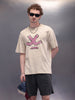 Oversized Washed Look Tee With Iconic Brand Placement Print| Beige