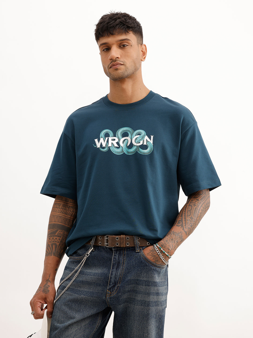Oversized Placement Foil Printed T-Shirt | Dark Blue