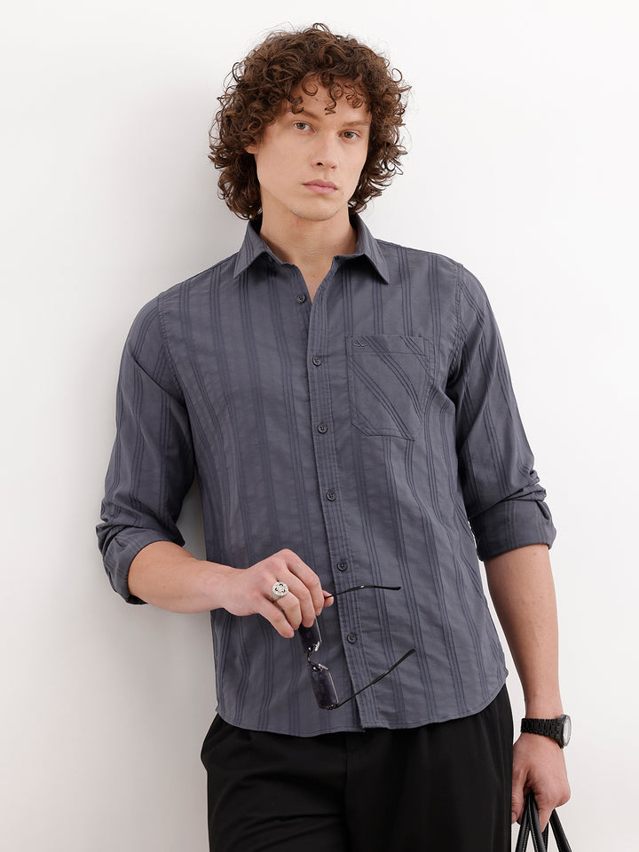 Slim Fit Textured Striped Shirt | Dark Grey
