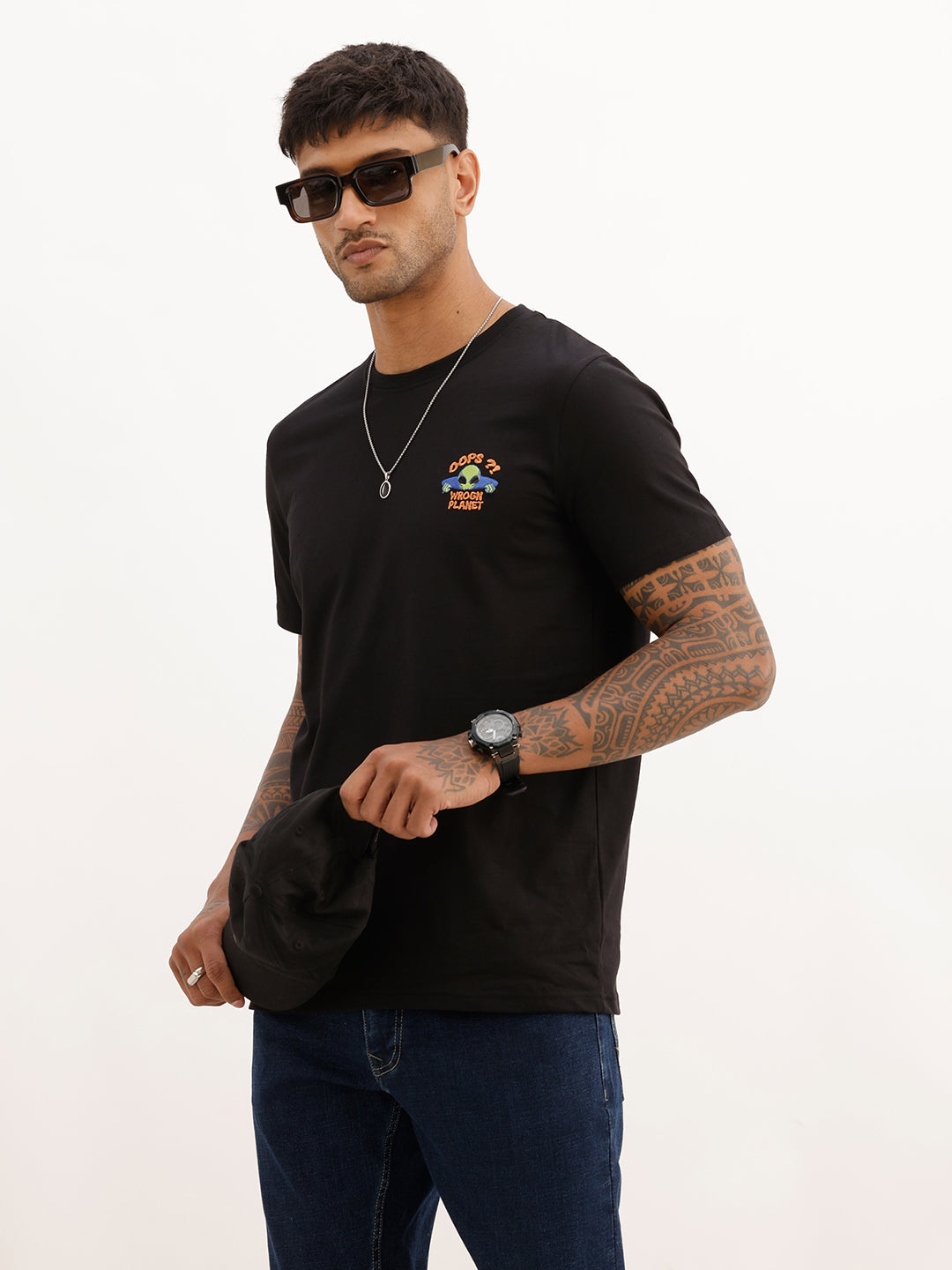 Slim Fit Embroidered Patch Detail T-Shirt | Black