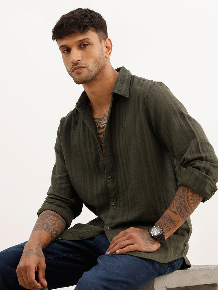 Textured Slim Fit Striped Shirt | Olive