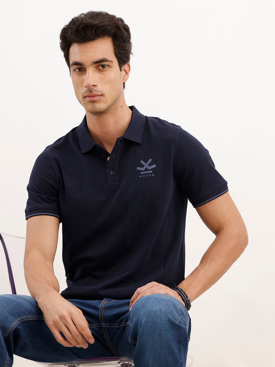 Solid Placement Printed Polo T-Shirt | Navy Blue