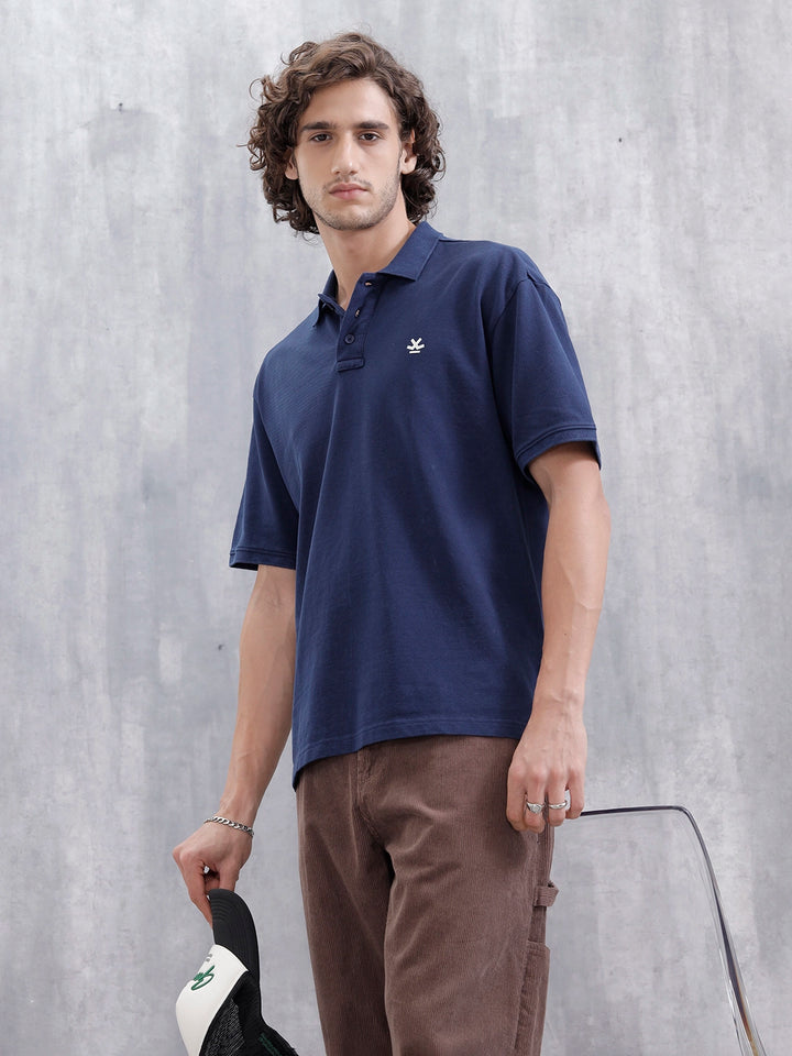 Men Solid Oversized Fit Casual Polo Collar T-shirt | Blue