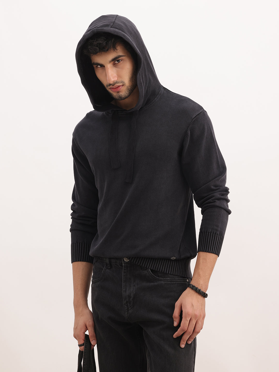 Solid Comfort Fit Hooded Sweater | Black