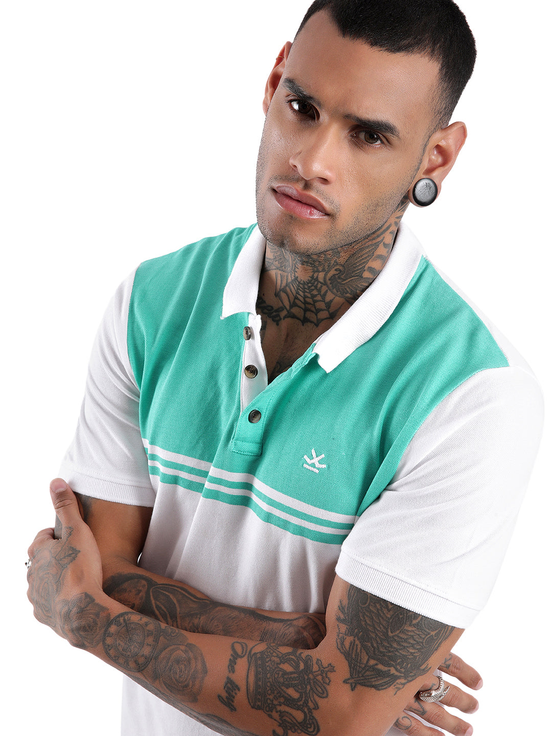 Teal on White Colourblocked Polo