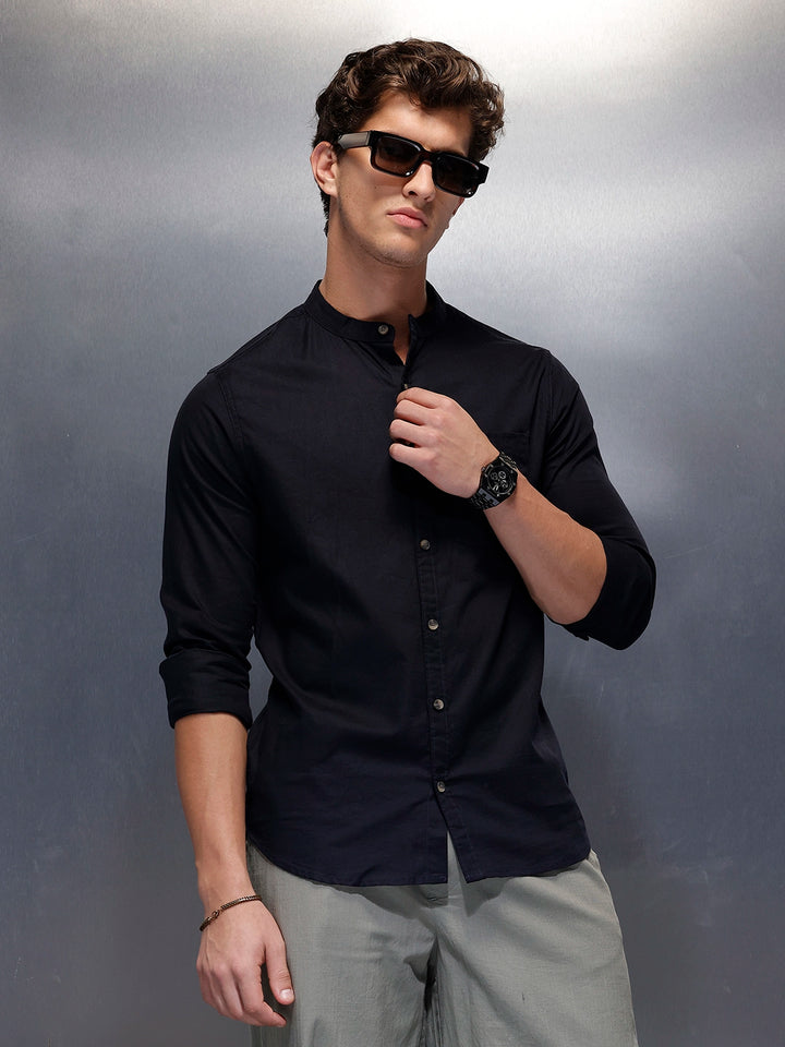 Men's Casual Mandrin Collar Shirt   |  Navy Blue