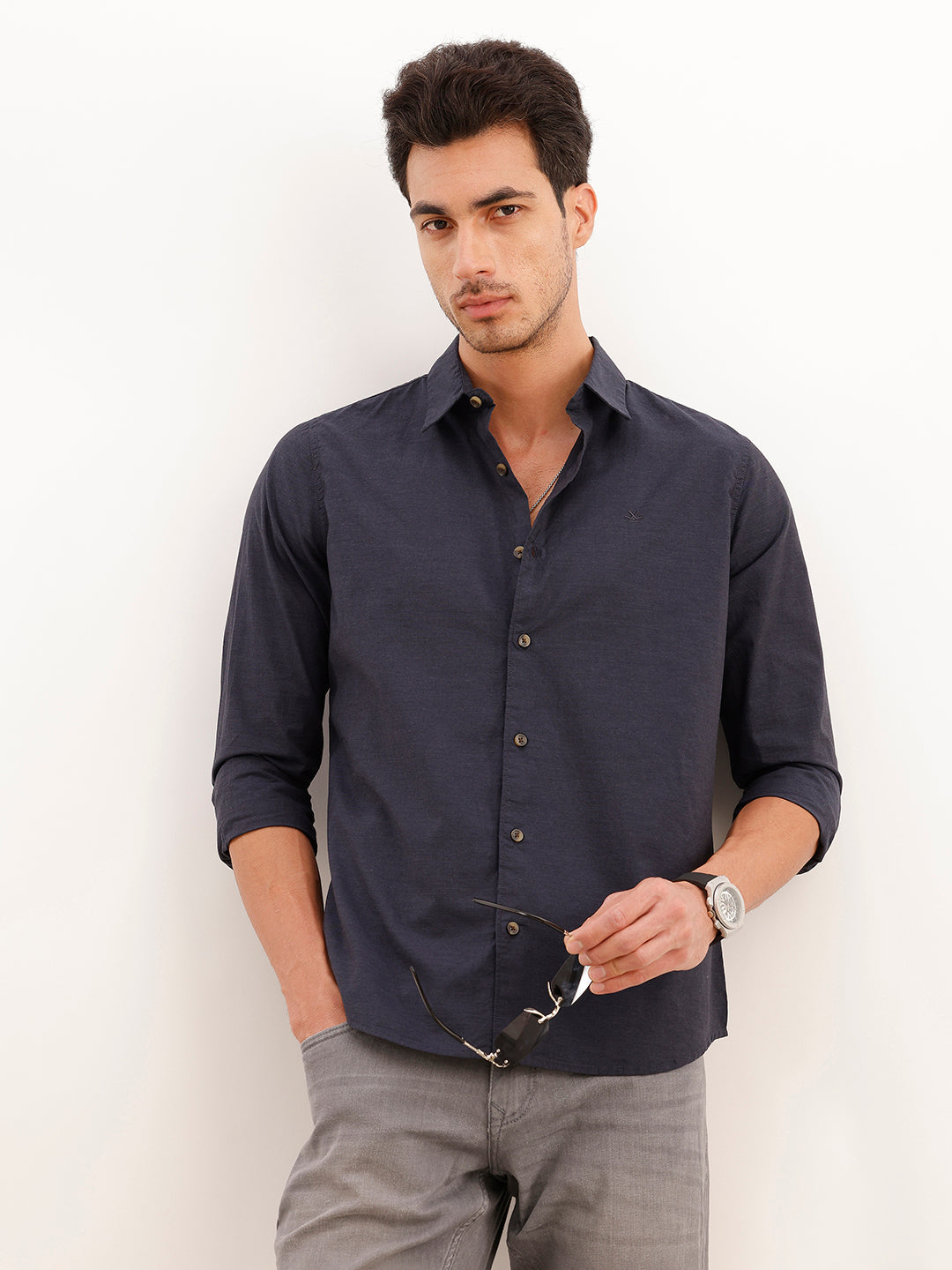 Melange Regular Fit Full Sleeve Shirt | Black