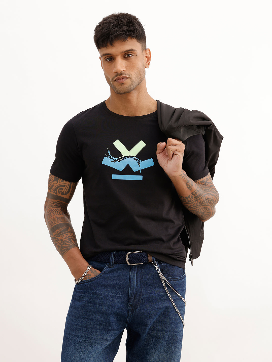 Slim Fit Placement Printed T-Shirt | Black