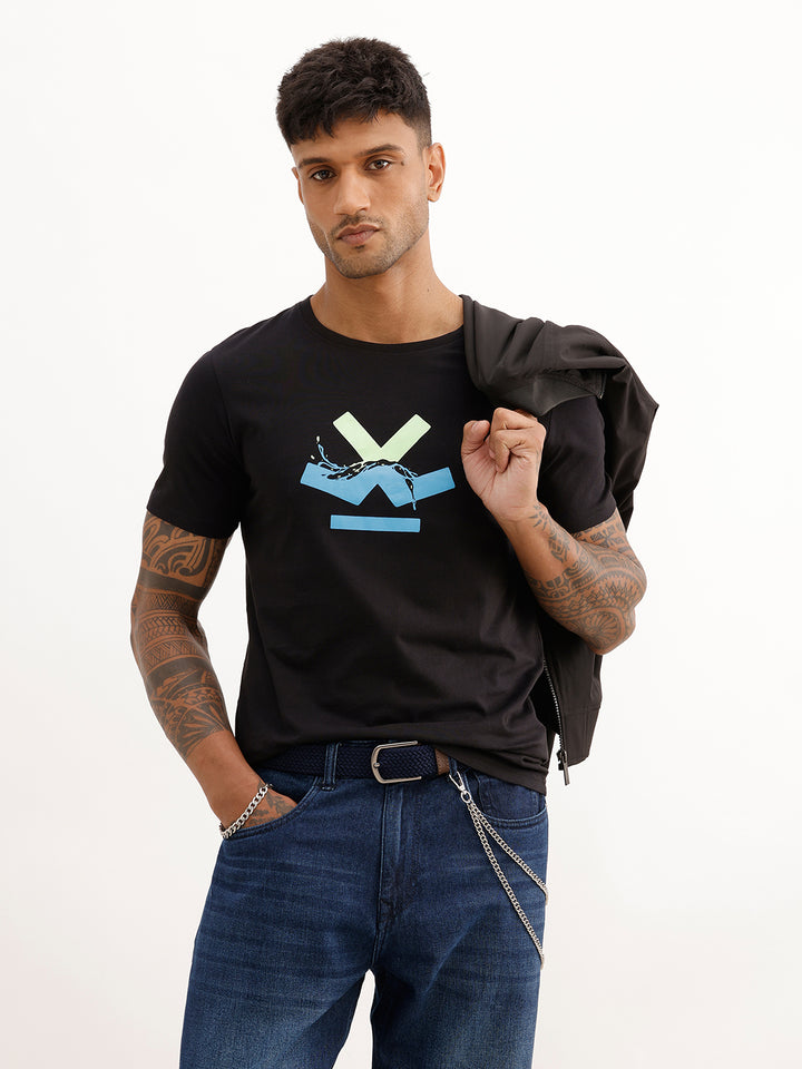 Slim Fit Placement Printed T-Shirt | Black