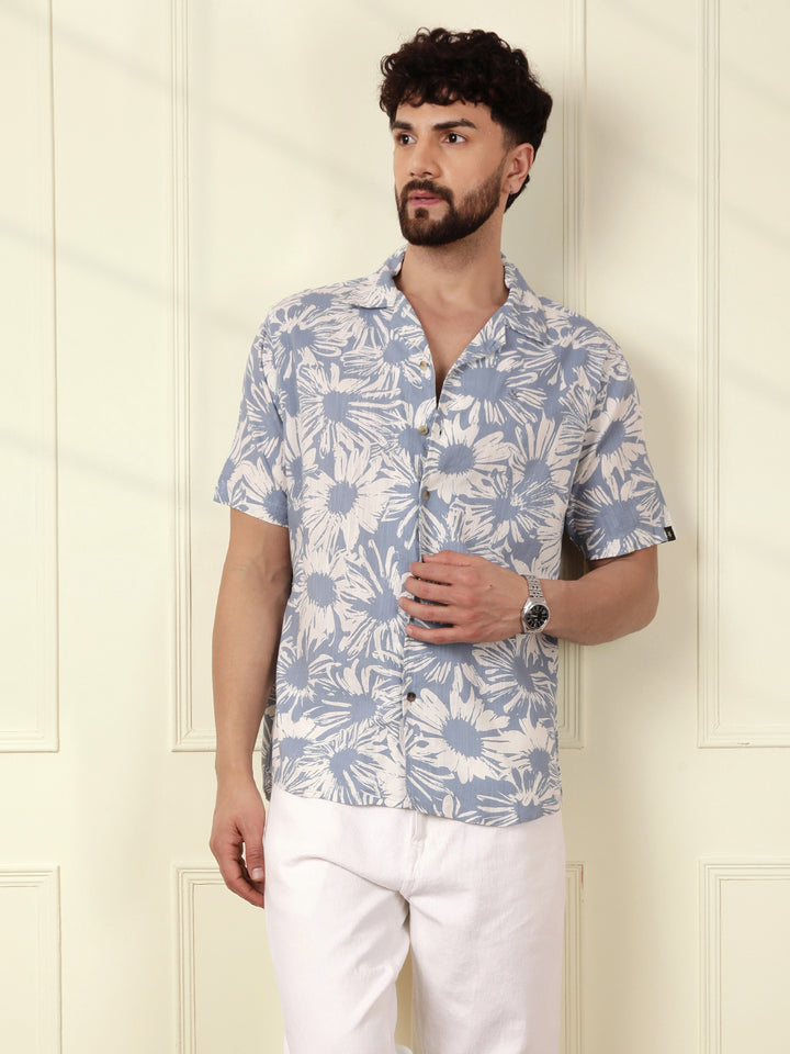 Floral AOP Viscose Slub Shirt | Blue