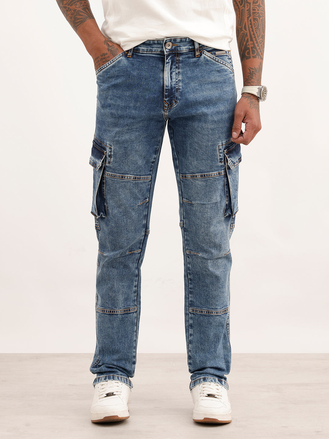 Classic Washed Straight Fit Denim Cargos | Blue