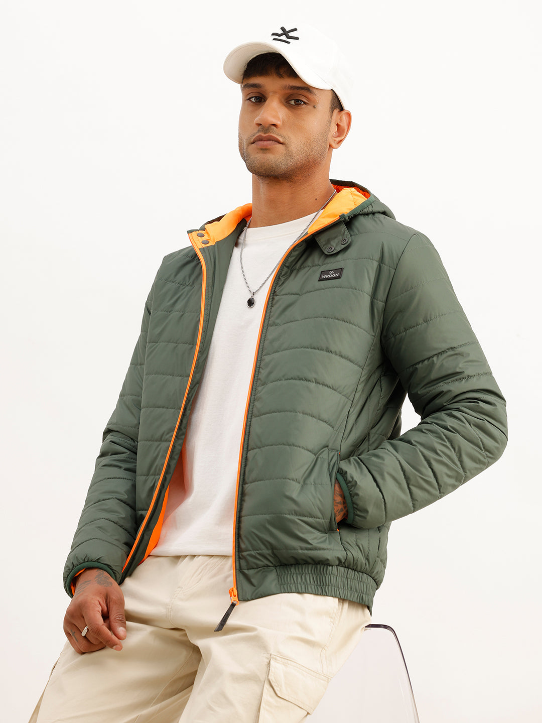 Solid Regular Fit Puffer Jacket | Dark Green