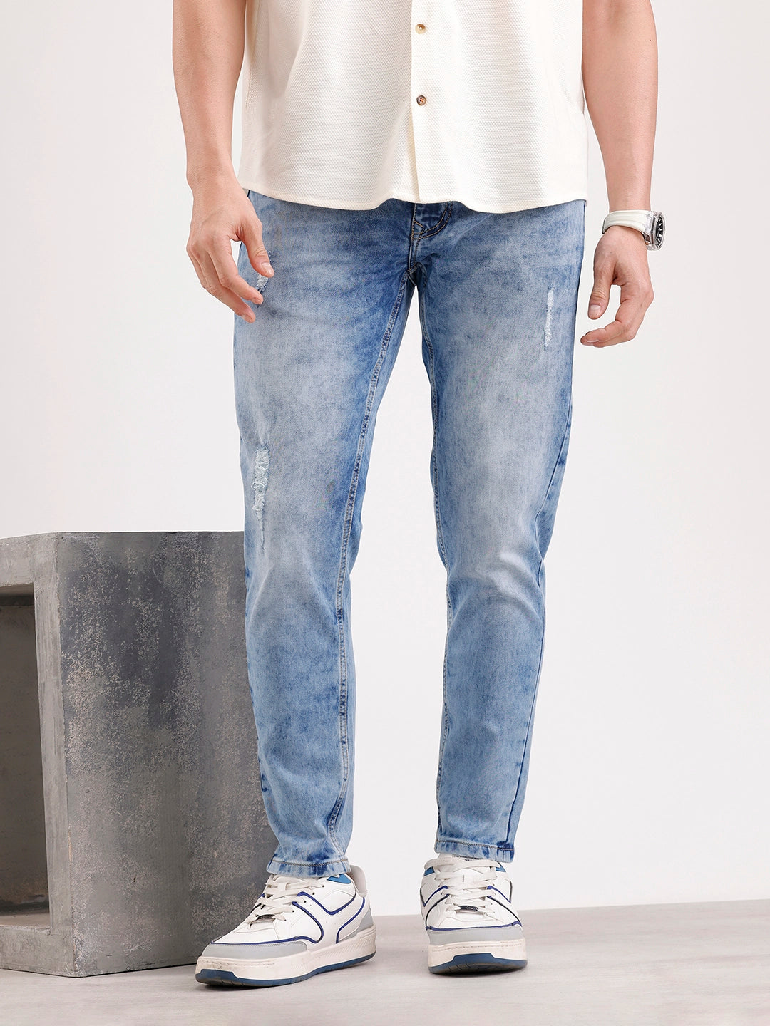 Light Distressed Skinny Crop Denim Jeans  | Blue