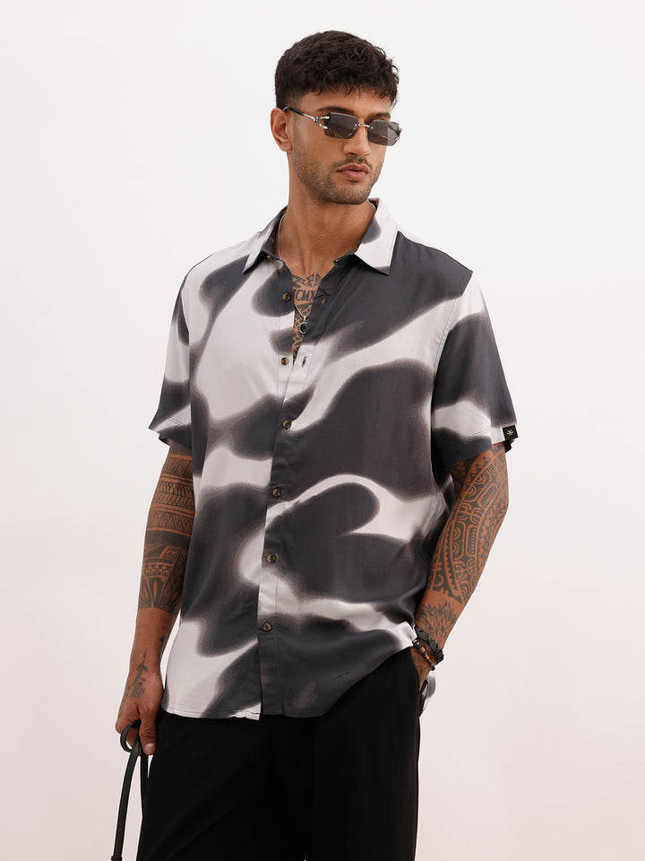 Slim Fit AOP Half Sleeve Shirt | Black